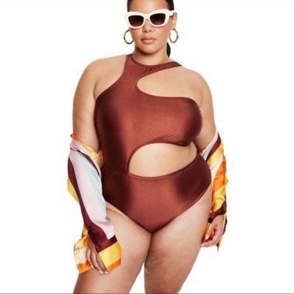 Women's Asymmetrical Metallic Cut Out High Leg Cheeky One Piece Swimsuit- XXL